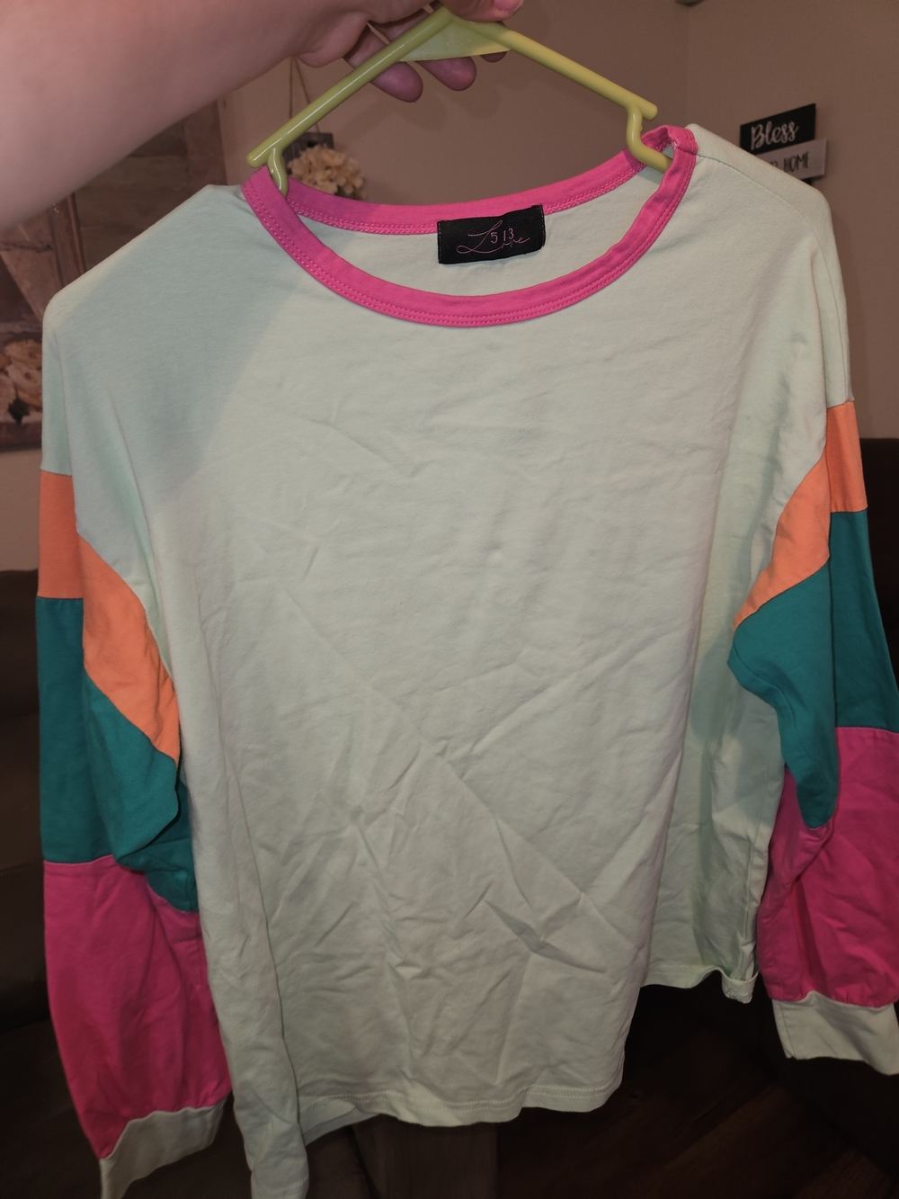 Boutique Colorblock Long Sleeve Crewneck Top - Mint with Pink, Teal & Orange